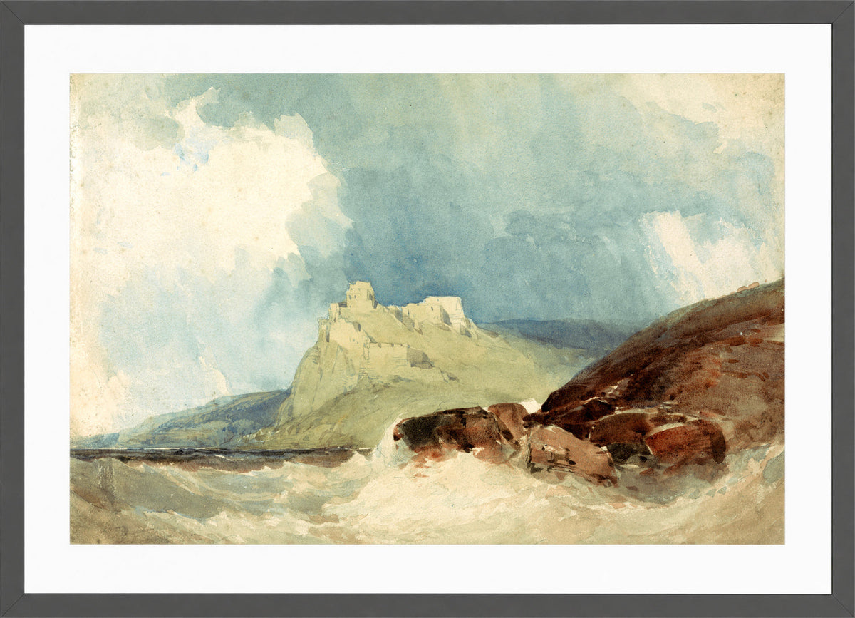 William Callow Print, Castle on a Cliff with Stormy Sea in a dark grey frame