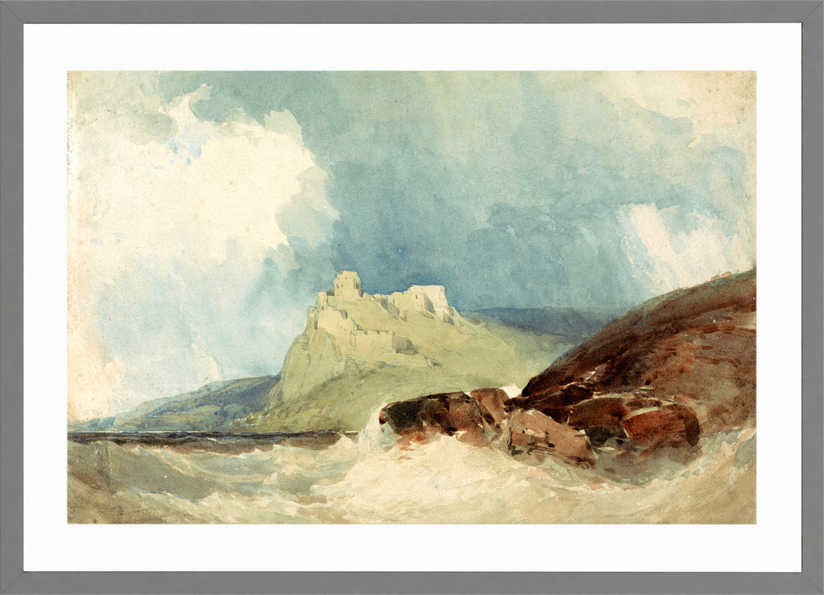William Callow Print, Castle on a Cliff with Stormy Sea in a light grey frame