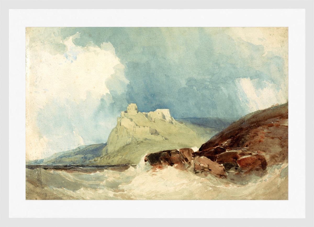 William Callow Print, Castle on a Cliff with Stormy Sea in a white frame