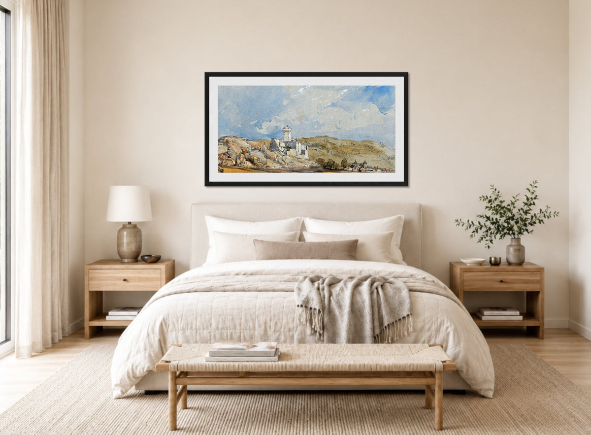 William Callow Print, Château de Lourdes (1836) displayed above a bed