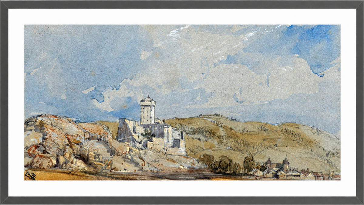 William Callow Print, Château de Lourdes (1836) in a dark grey frame