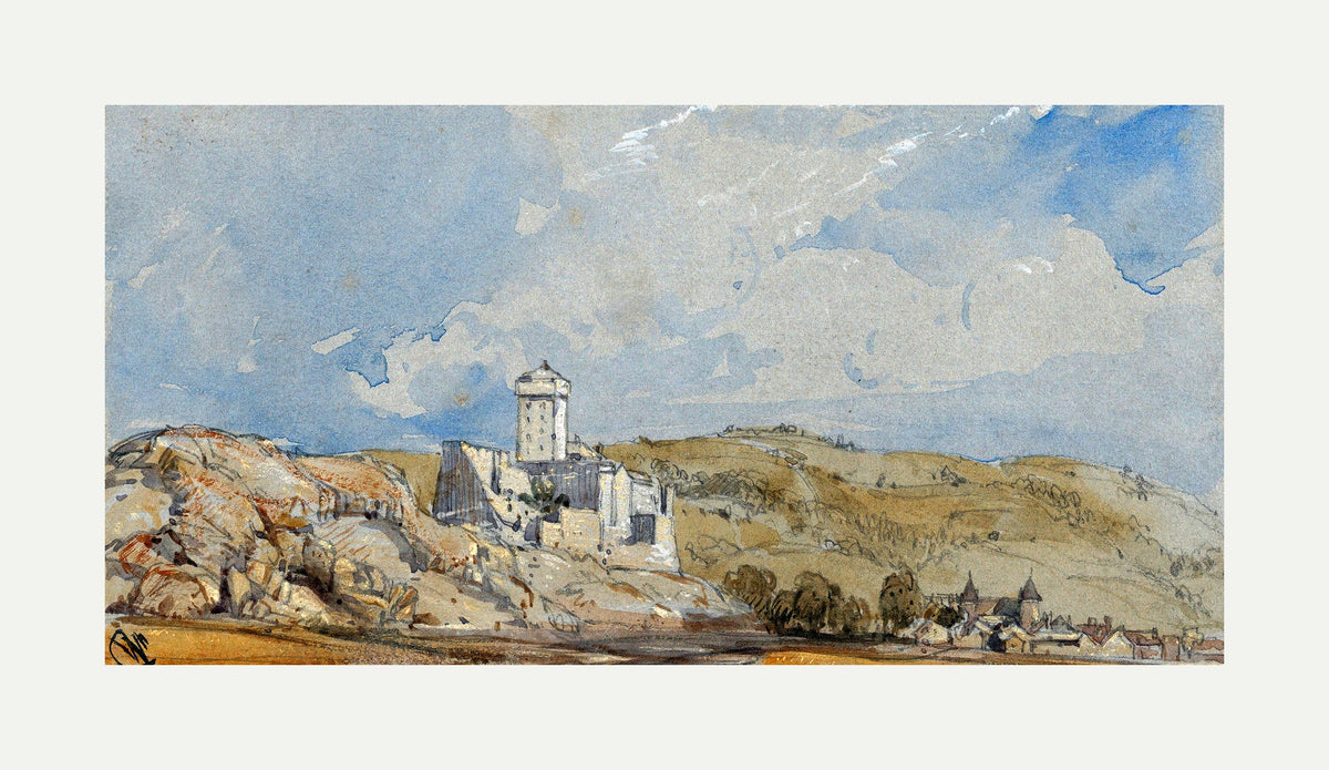 William Callow Print, Château de Lourdes (1836) with an off-white border for rolled canvas