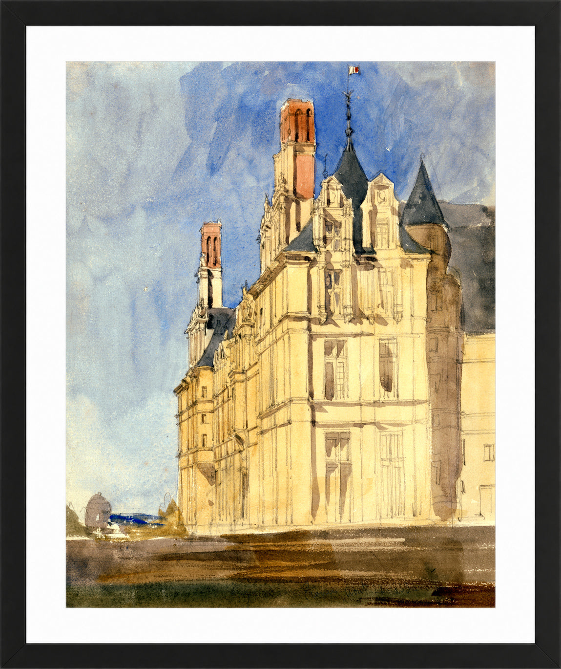 William Callow Print, Chateau d’Ecouen (1833) in a black frame