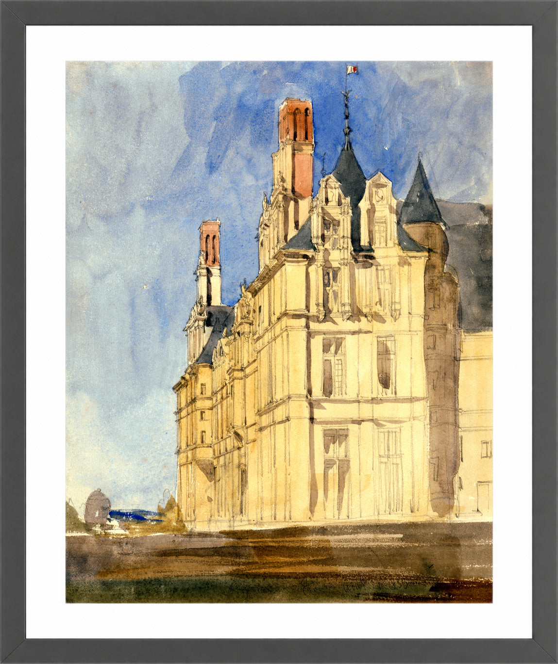 William Callow Print, Chateau d’Ecouen (1833) in a dark grey frame