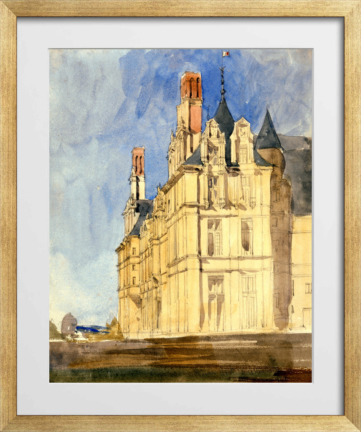 William Callow Print, Chateau d’Ecouen (1833) in a gold frame