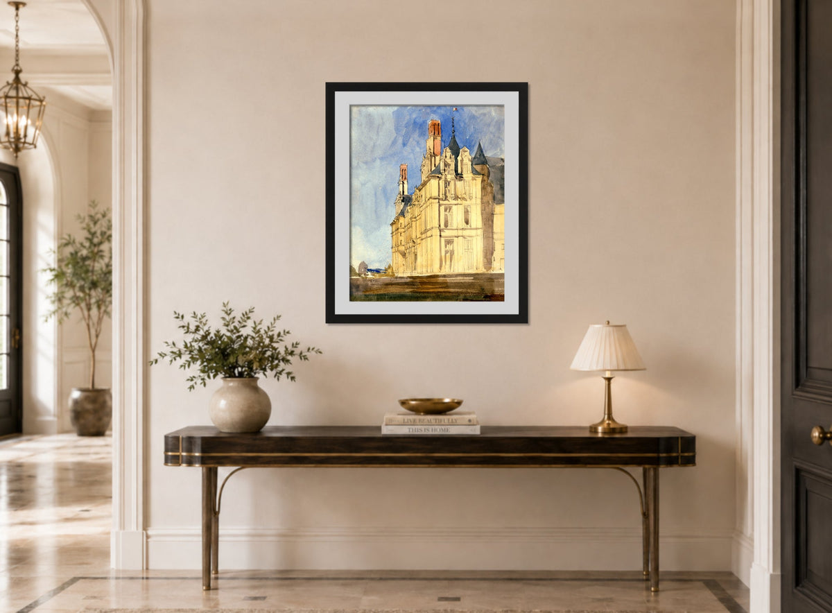William Callow Print, Chateau d’Ecouen (1833) displayed above a console table