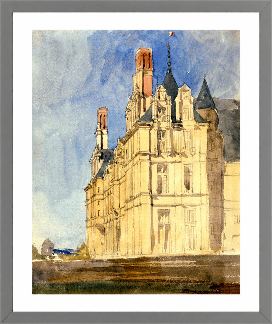 William Callow Print, Chateau d’Ecouen (1833) in a light grey frame