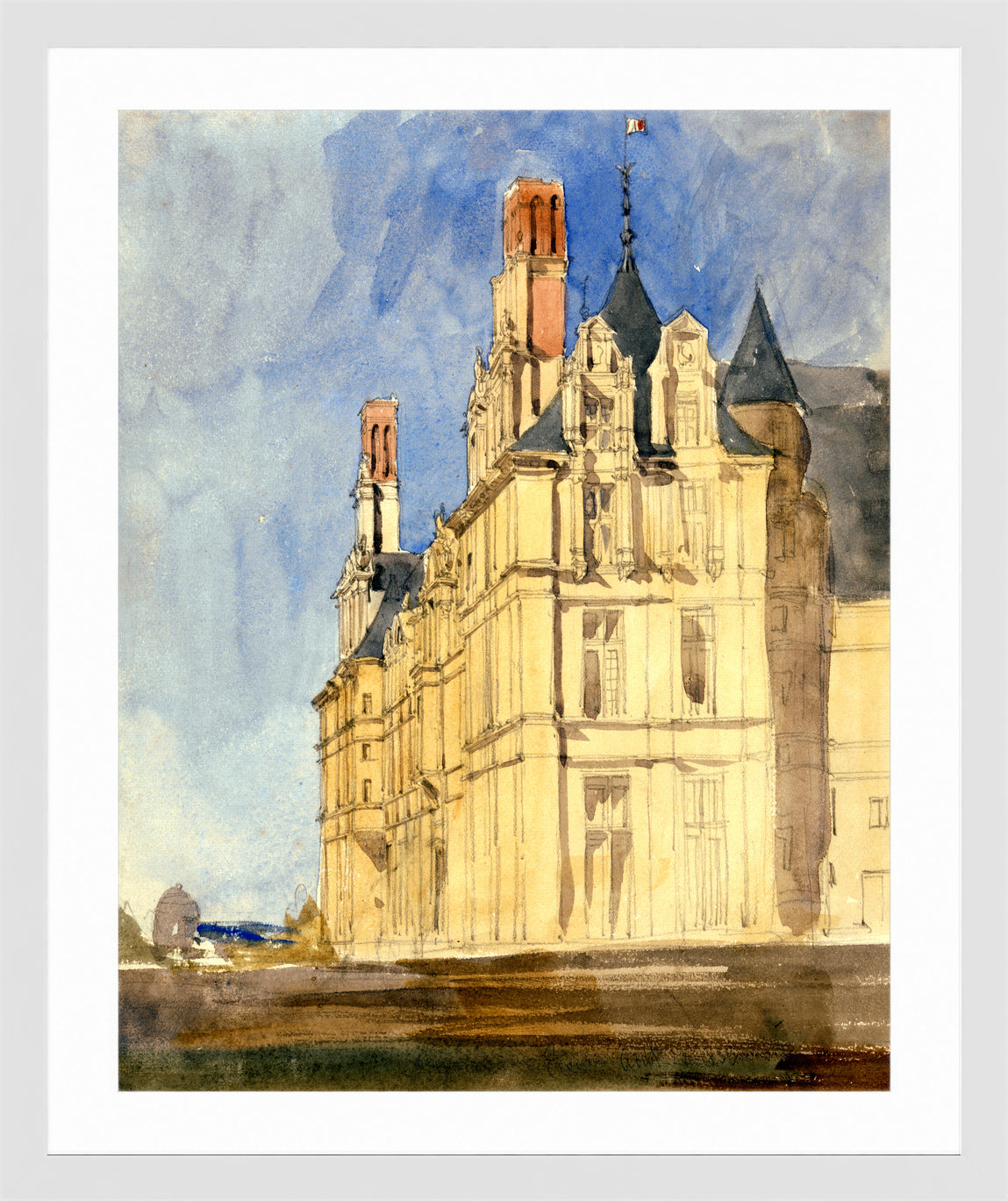 William Callow Print, Chateau d’Ecouen (1833) in a white frame