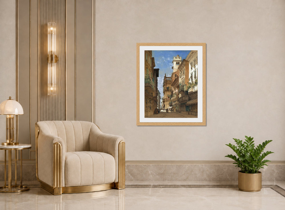 William Callow Print, Corso Sant’ Anastasia with the Palazzo Maffei in Verona (1855) displayed in an Art Deco interior