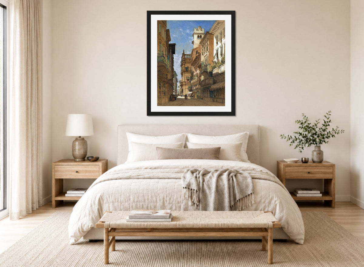 William Callow Print, Corso Sant’ Anastasia with the Palazzo Maffei in Verona (1855) displayed above a bed