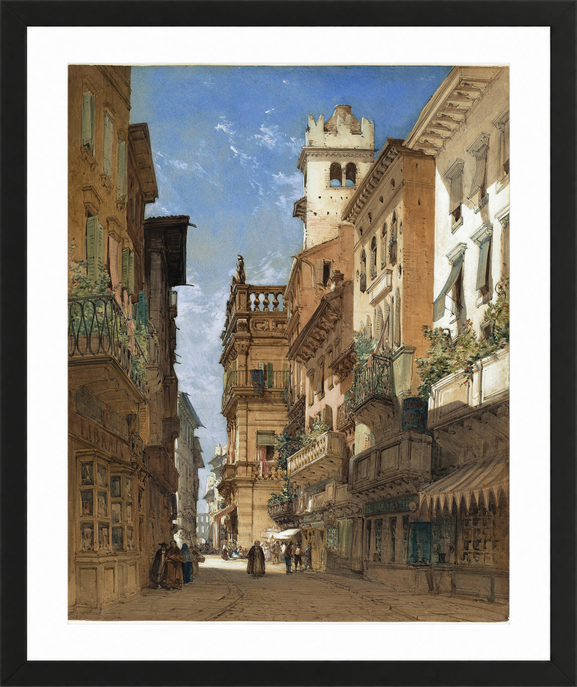 William Callow Print, Corso Sant’ Anastasia with the Palazzo Maffei in Verona (1855) in a black frame