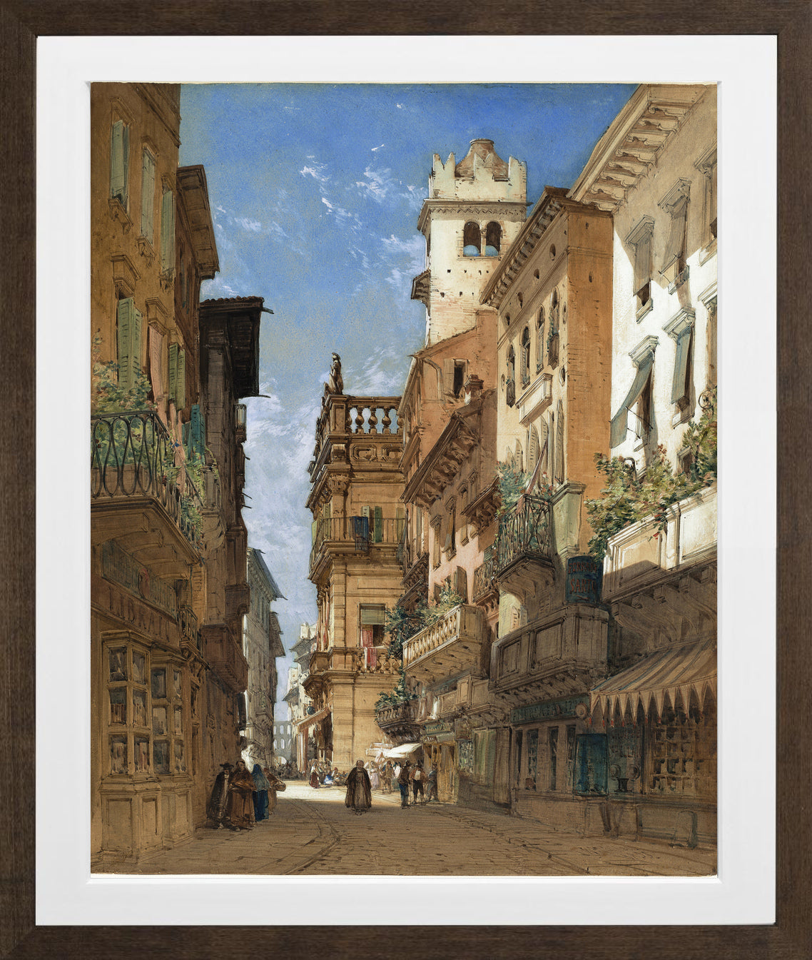 William Callow Print, Corso Sant’ Anastasia with the Palazzo Maffei in Verona (1855) in a brown frame