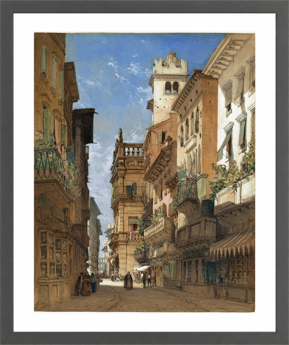 William Callow Print, Corso Sant’ Anastasia with the Palazzo Maffei in Verona (1855) in a dark grey frame