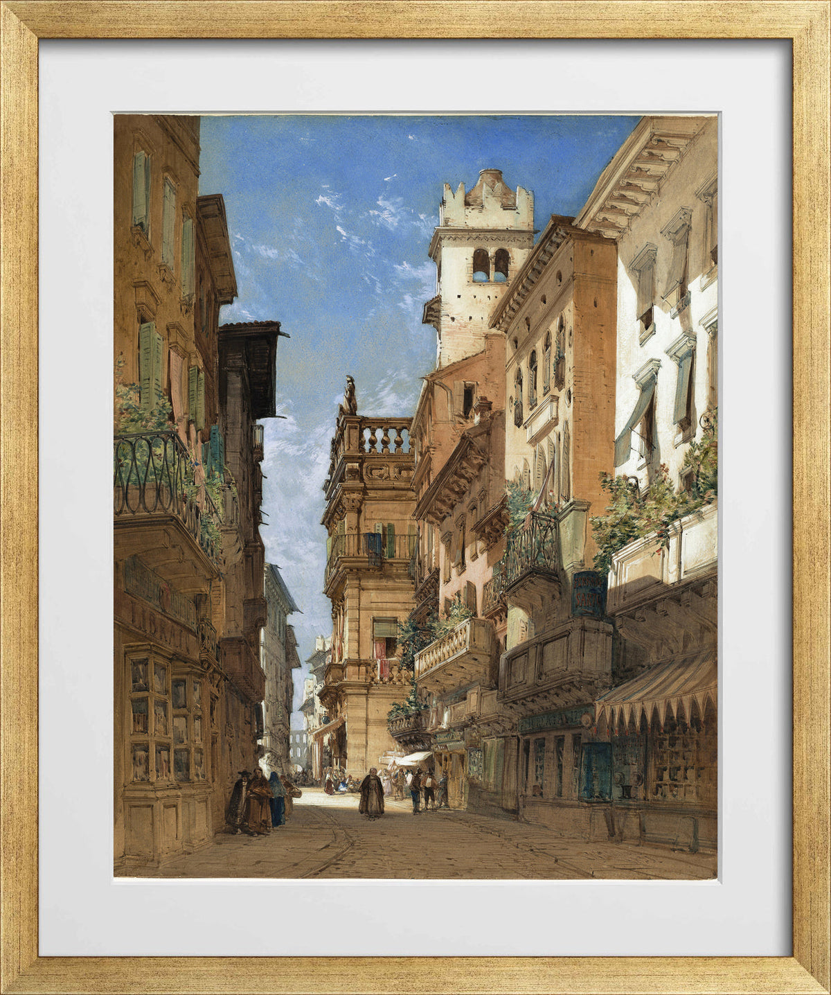 William Callow Print, Corso Sant’ Anastasia with the Palazzo Maffei in Verona (1855) in a gold frame