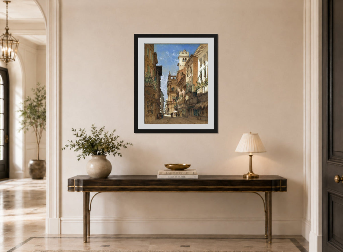 William Callow Print, Corso Sant’ Anastasia with the Palazzo Maffei in Verona (1855) displayed above a console table