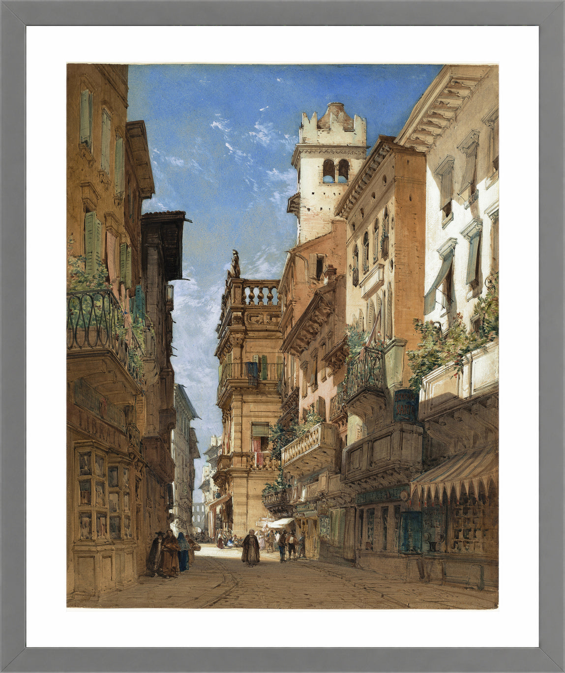 William Callow Print, Corso Sant’ Anastasia with the Palazzo Maffei in Verona (1855) in a light grey frame