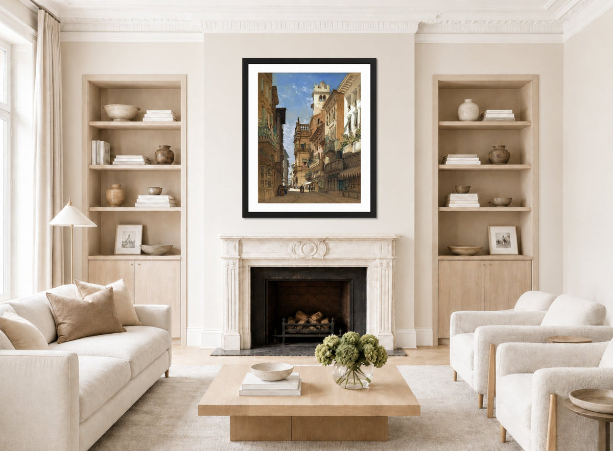 William Callow Print, Corso Sant’ Anastasia with the Palazzo Maffei in Verona (1855) displayed in a Scandinavian living room