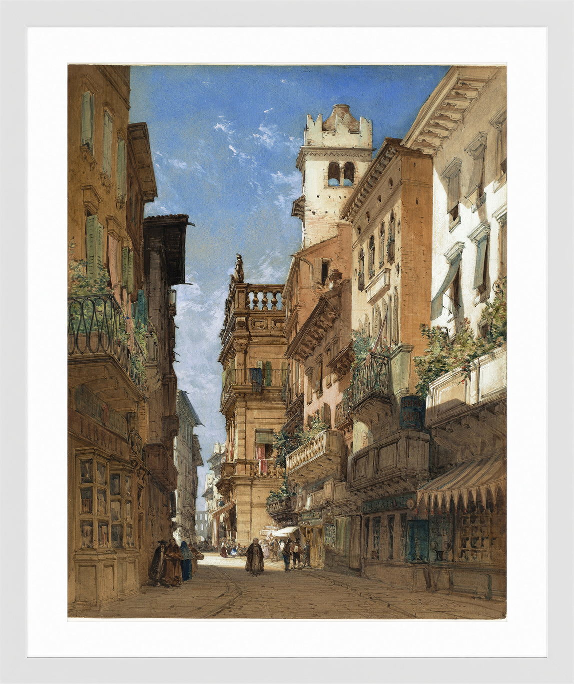 William Callow Print, Corso Sant’ Anastasia with the Palazzo Maffei in Verona (1855) in a white frame