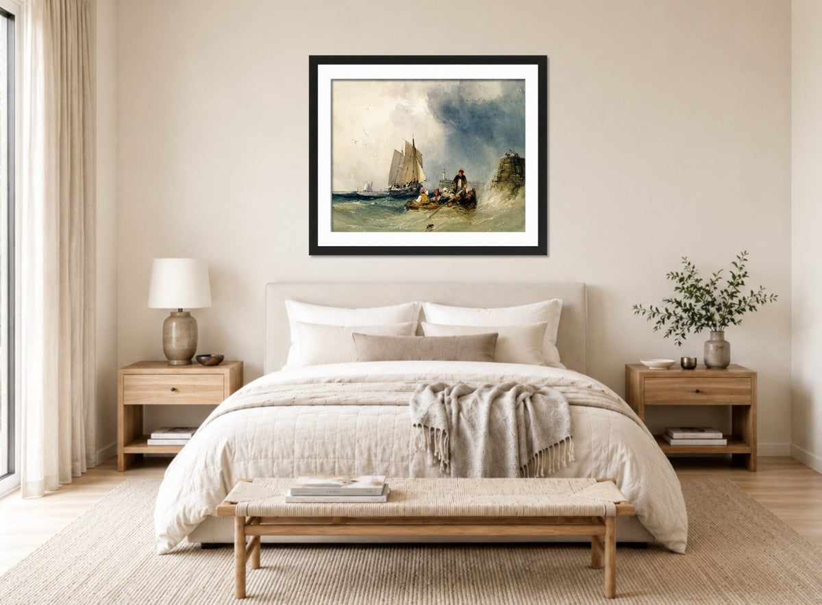 William Callow Print, Entering Harbour (1842) displayed above a bed