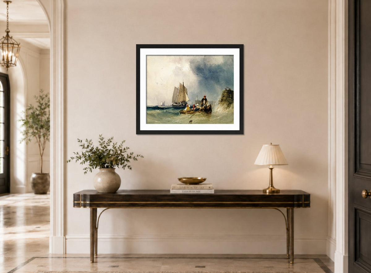 William Callow Print, Entering Harbour (1842) displayed above a console table