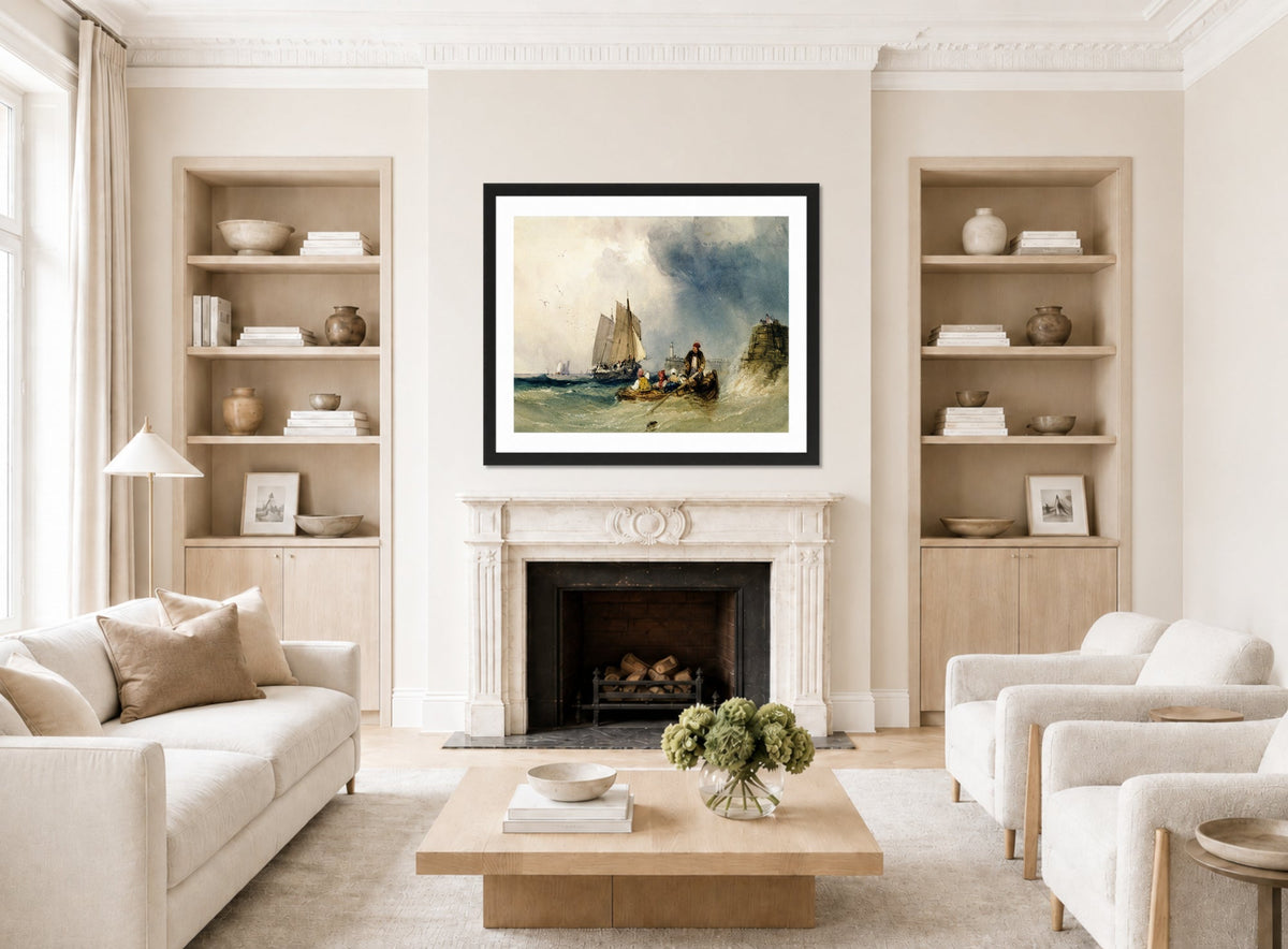 William Callow Print, Entering Harbour (1842) displayed in a Scandinavian living room