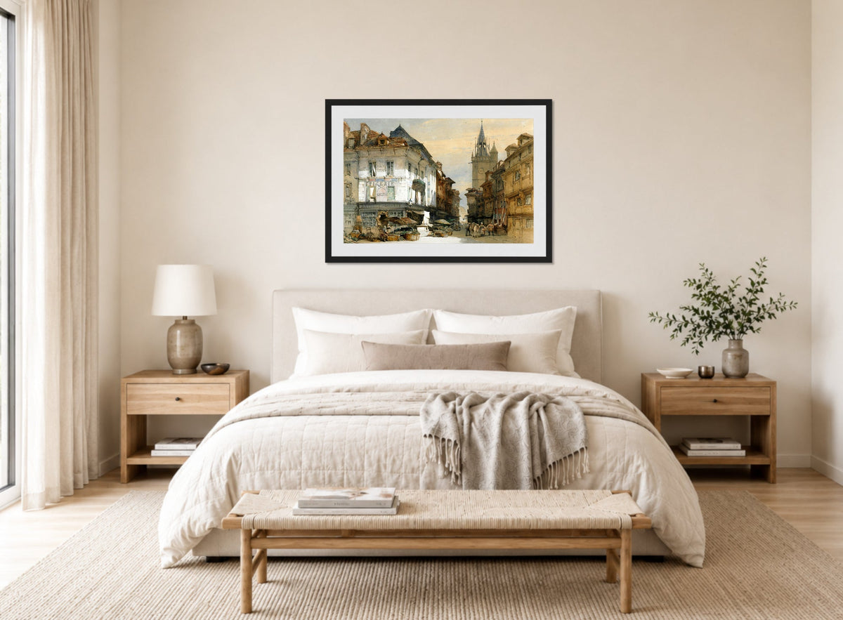 William Callow Print, Evereux, France (1855) displayed above a bed