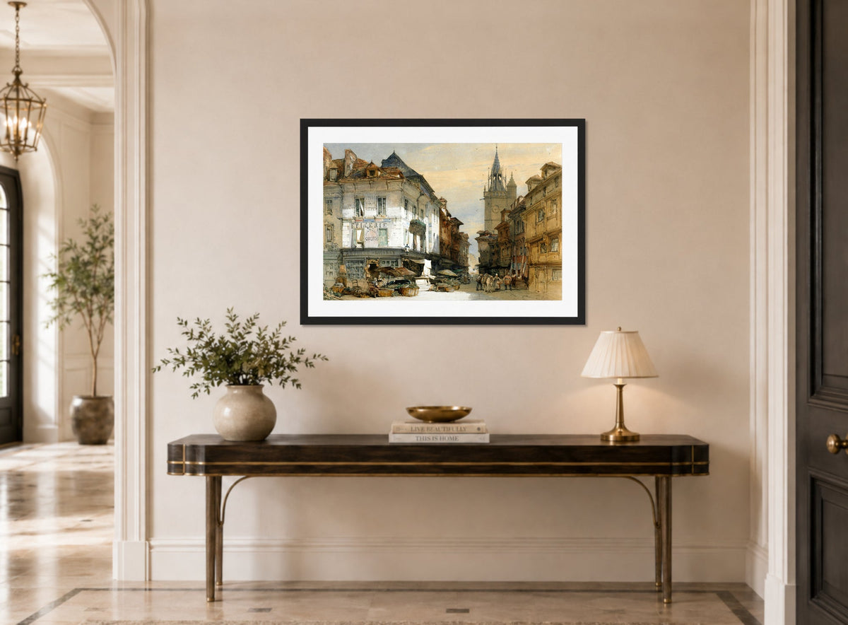 William Callow Print, Evereux, France (1855) displayed above a console table