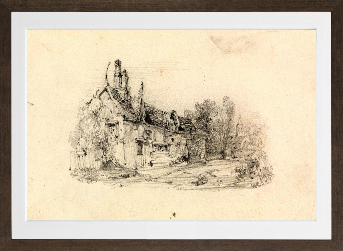 William Callow Print, Farmhouse with Church in Distance in a brown frame