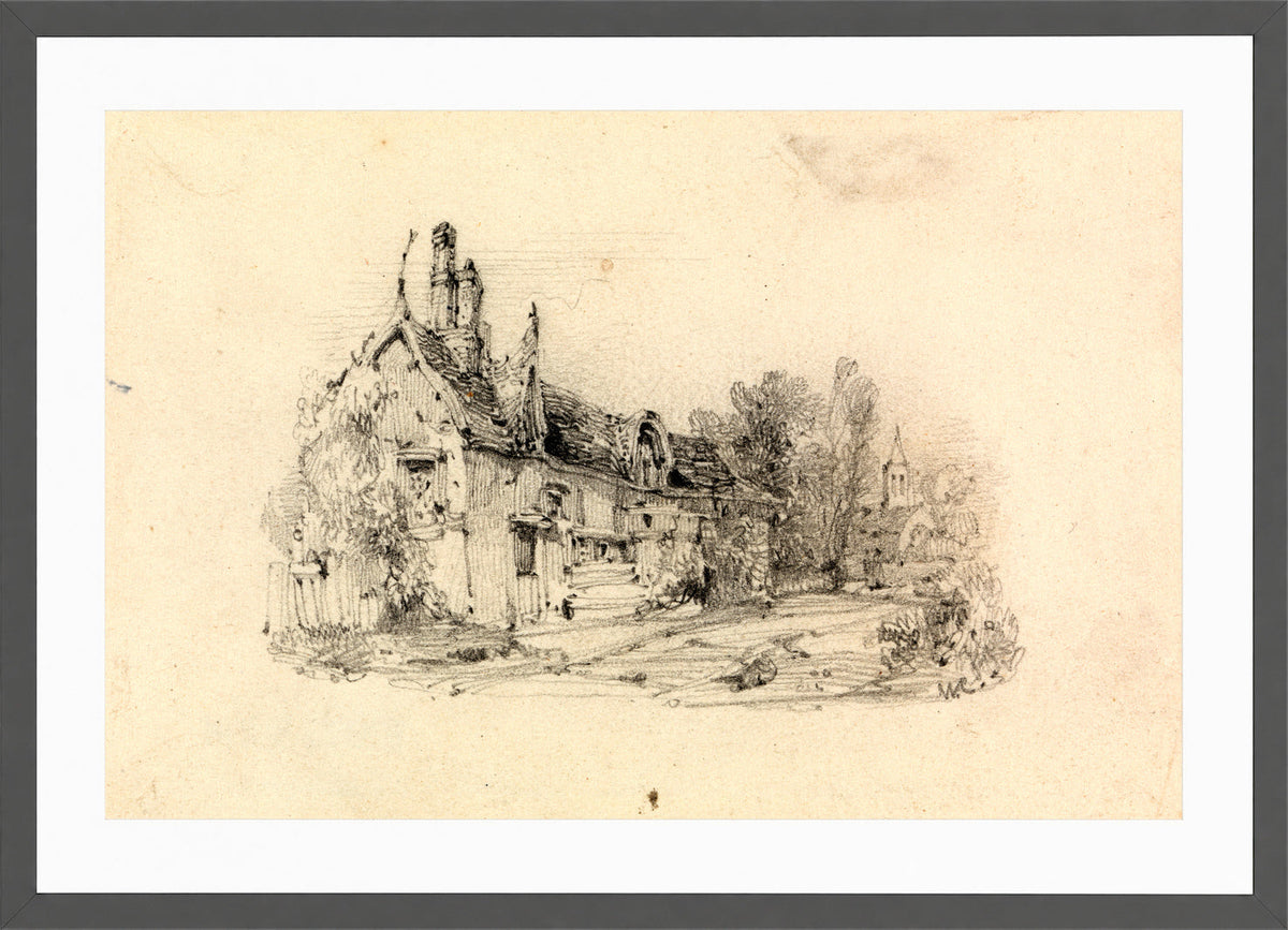 William Callow Print, Farmhouse with Church in Distance in a dark grey frame
