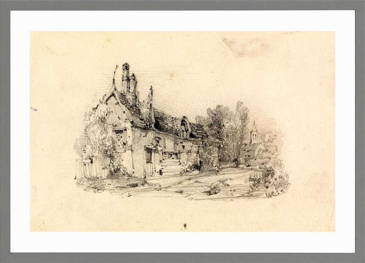 William Callow Print, Farmhouse with Church in Distance in a light grey frame