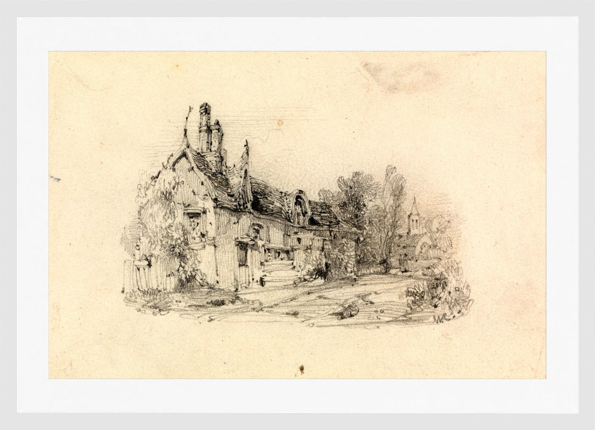 William Callow Print, Farmhouse with Church in Distance in a white frame