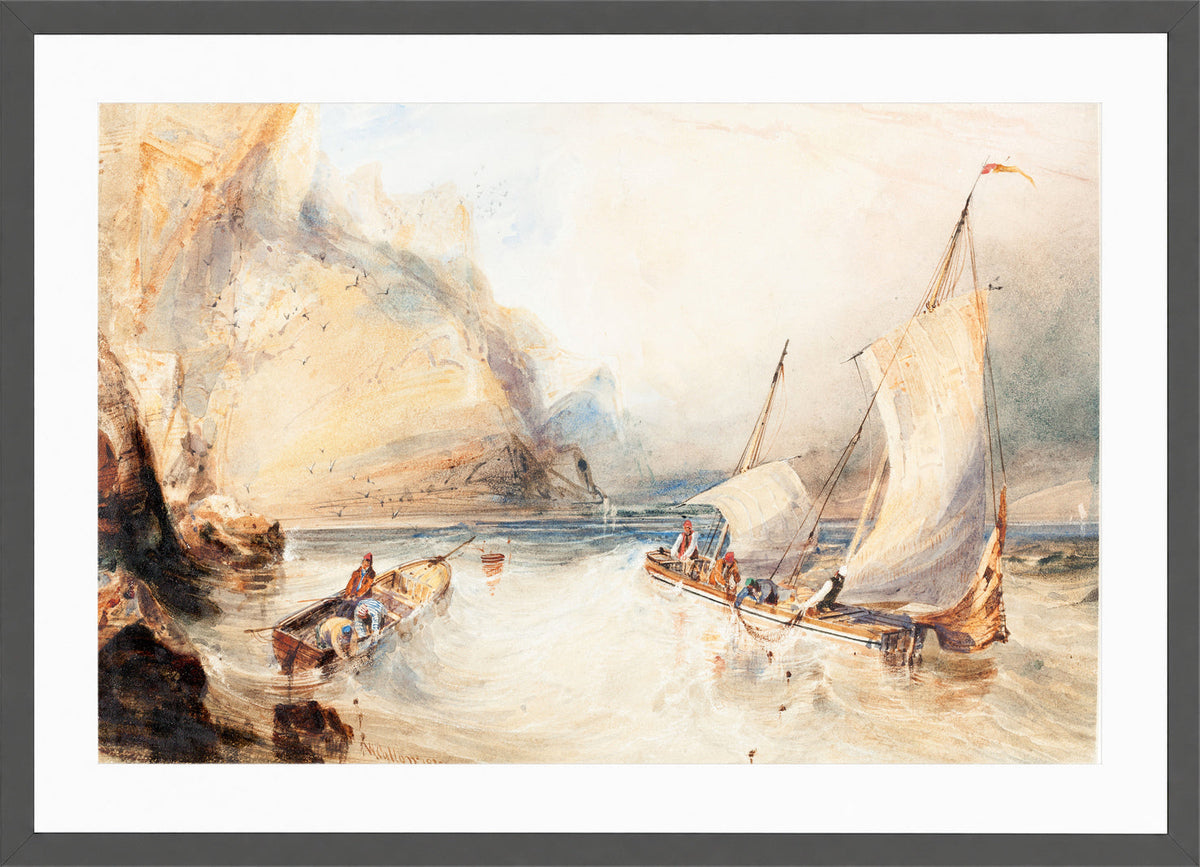 William Callow Print, Fishing Boats off a Rocky Coast (1833) in a dark grey frame