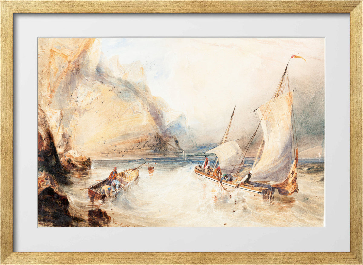 William Callow Print, Fishing Boats off a Rocky Coast (1833) in a gold frame