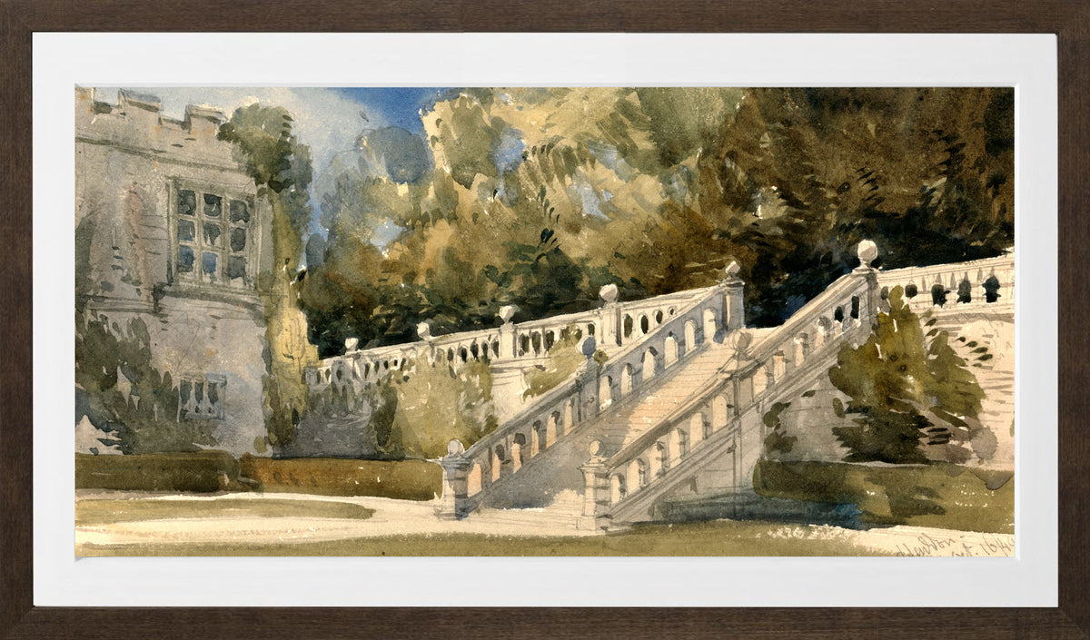 William Callow Print, Garden Stair, Haddon Hall (1849) in a brown frame