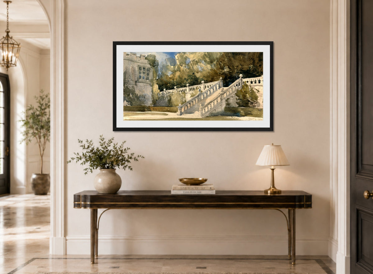 William Callow Print, Garden Stair, Haddon Hall (1849) displayed above a console table