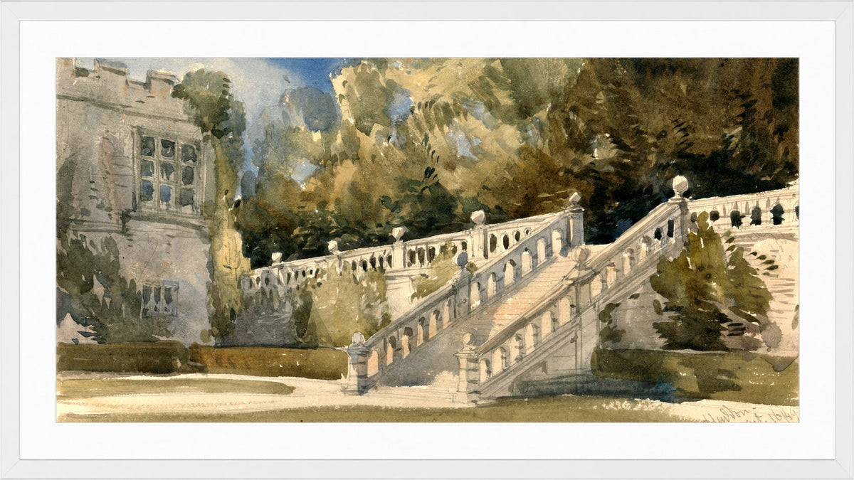 William Callow Print, Garden Stair, Haddon Hall (1849) in a white frame