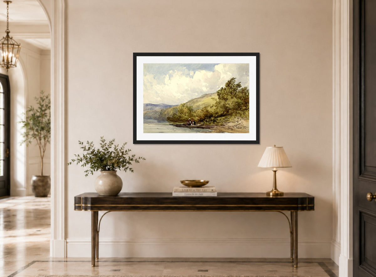 William Callow Print, Heuvellandschap met een meer en een boot met twee figuren (1822 - 1908) displayed above a console table