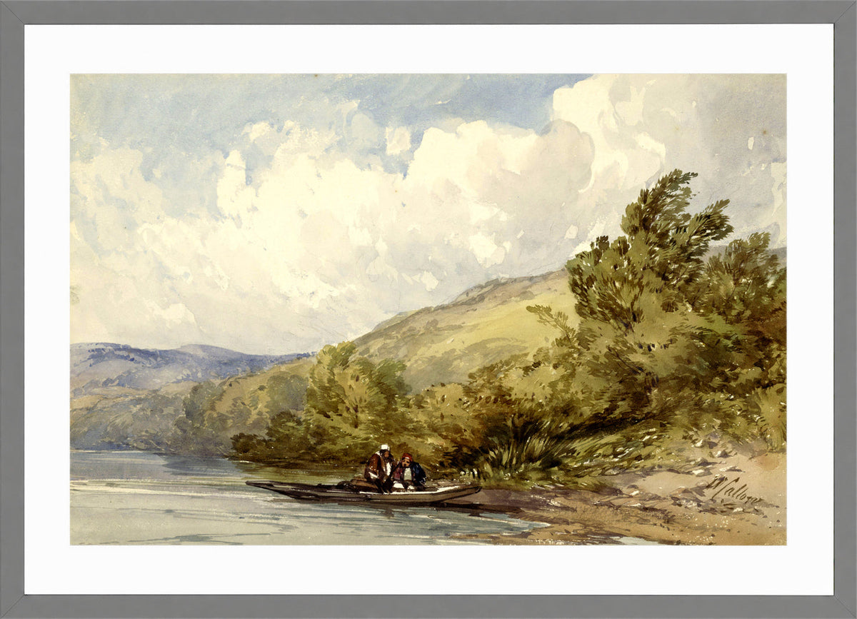 William Callow Print, Heuvellandschap met een meer en een boot met twee figuren (1822 - 1908) in a light grey frame