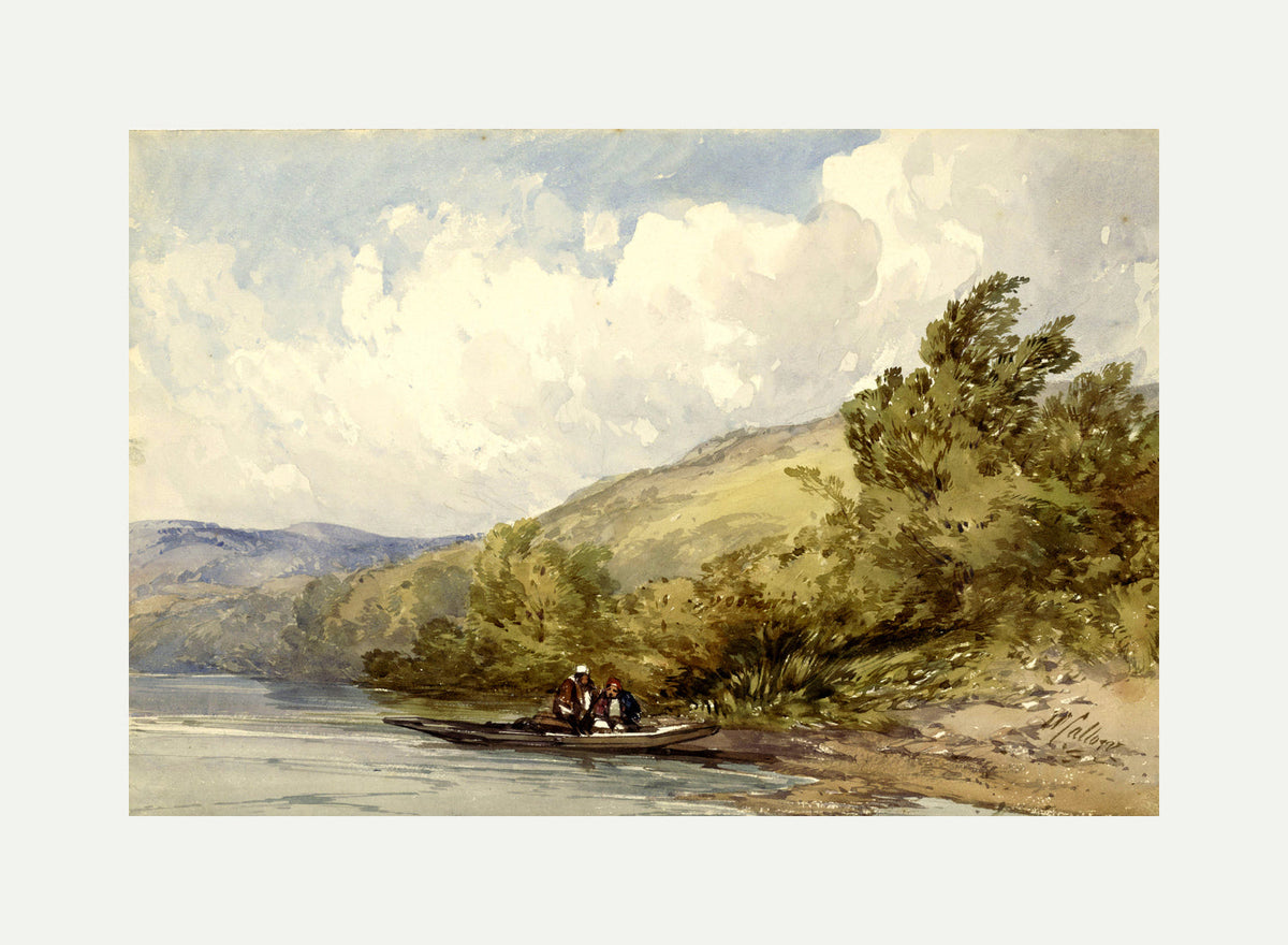 William Callow Print, Heuvellandschap met een meer en een boot met twee figuren (1822 - 1908) with an off-white border for rolled canvas