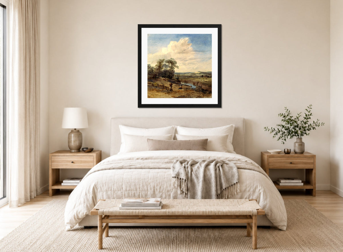 William Callow Print, Landscape after Wynants (in the Louvre) displayed above a bed