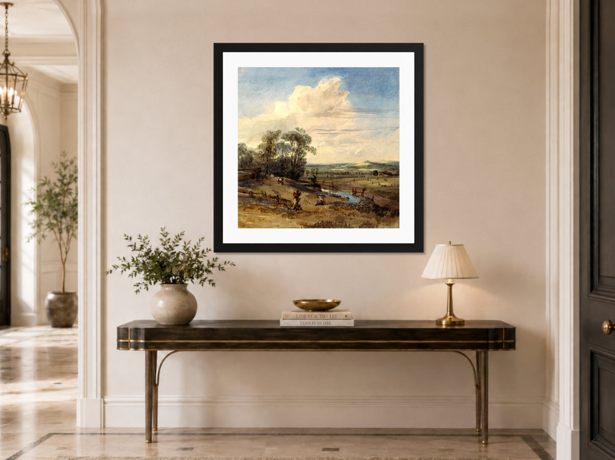 William Callow Print, Landscape after Wynants (in the Louvre) displayed above a console table