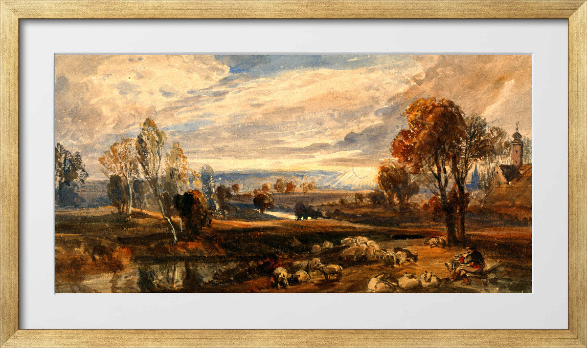 William Callow Print, Landscape with Sheep in a gold frame
