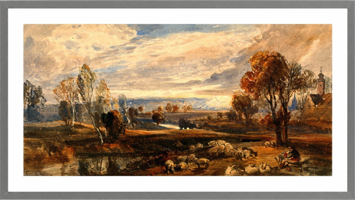 William Callow Print, Landscape with Sheep in a light grey frame