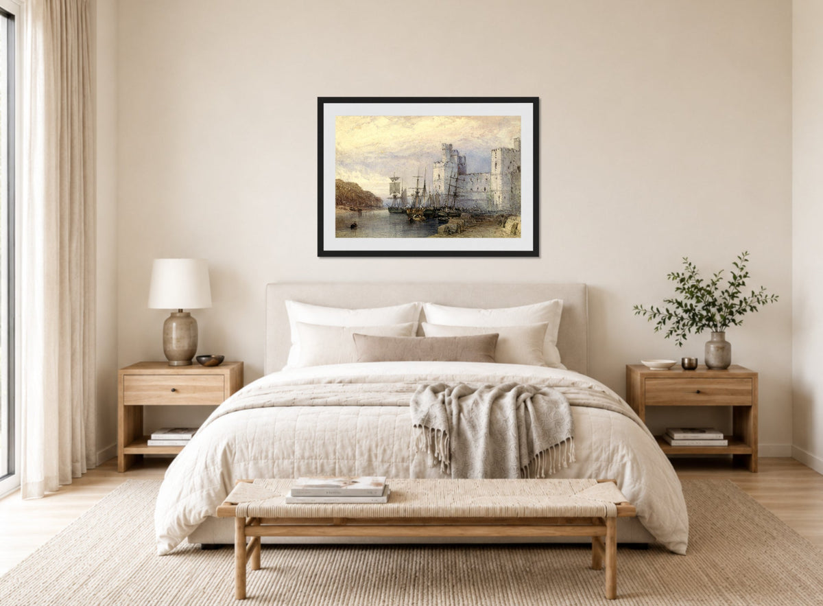 William Callow Print, Landschap met schepen voor Caernarvon Castle (1883) displayed above a bed