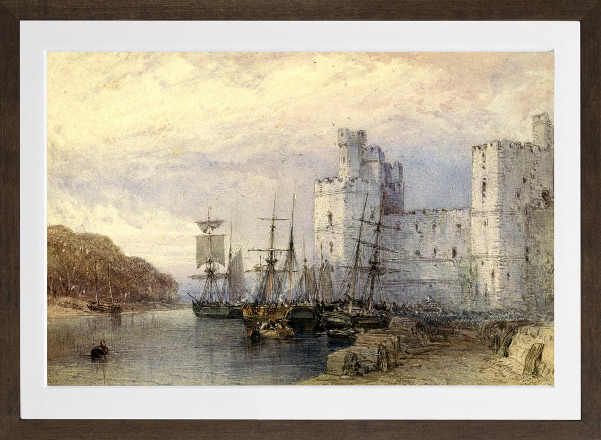 William Callow Print, Landschap met schepen voor Caernarvon Castle (1883) in a brown frame