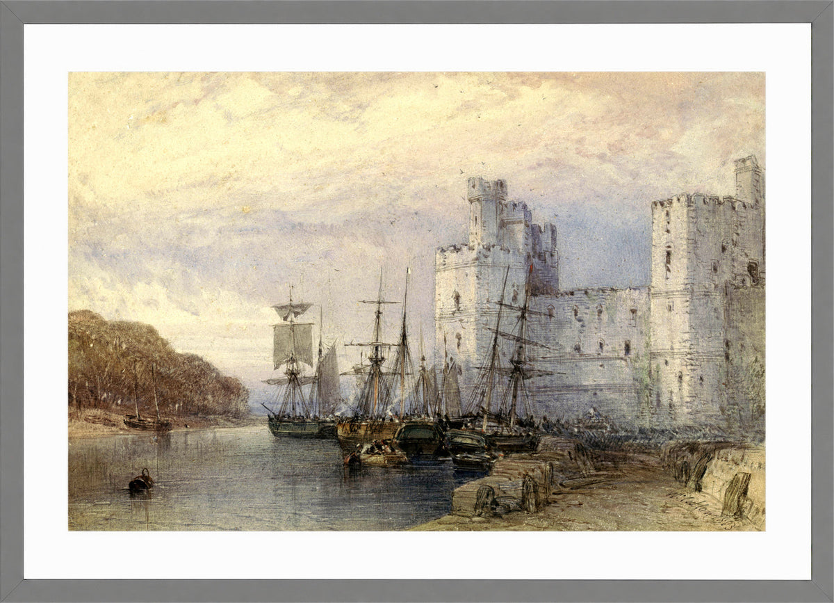 William Callow Print, Landschap met schepen voor Caernarvon Castle (1883) in a light grey frame