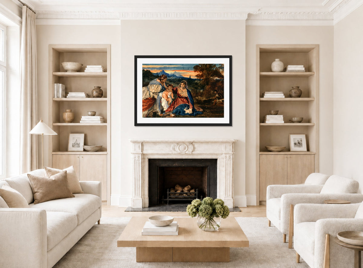 William Callow Print, Madonna with a Rabbit displayed in a Scandinavian living room