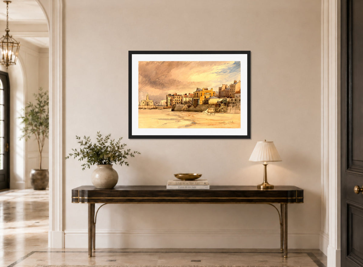 William Callow Print, Margate (1849) displayed above a console table