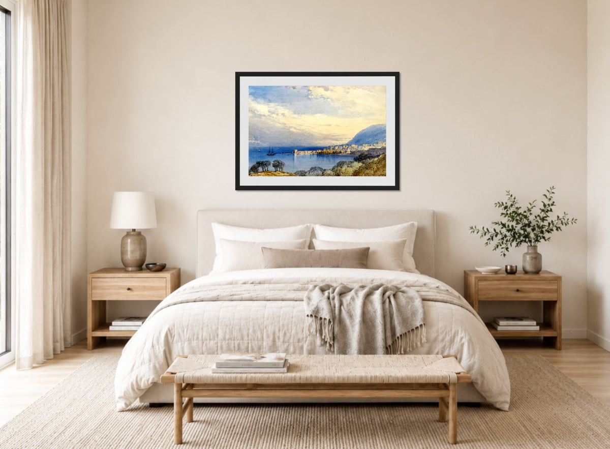 William Callow Print, Menton, France displayed above a bed