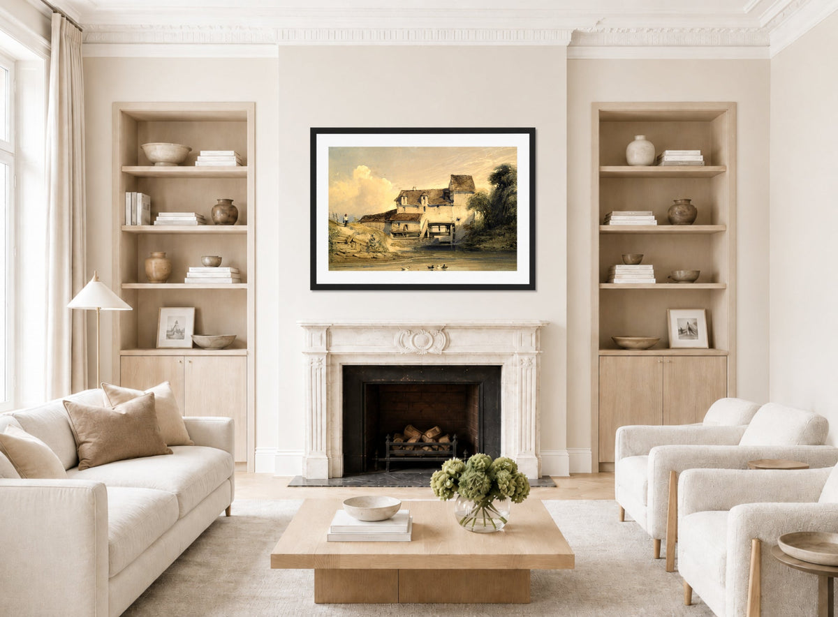 William Callow Print, Mill at Charenton displayed in a Scandinavian living room